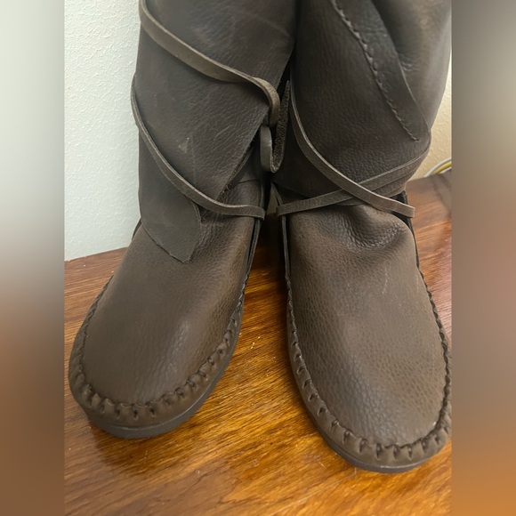 Handmade Brown Wrap Leather Elf Boots Minimalist Moccasin Knee High Boots 8.5 - Picture 8 of 13